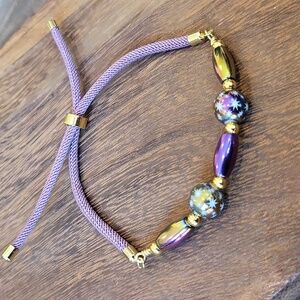 Purple Beaded Star Detail Gold Tone Cord Bracelet/Anklet, Adjustable